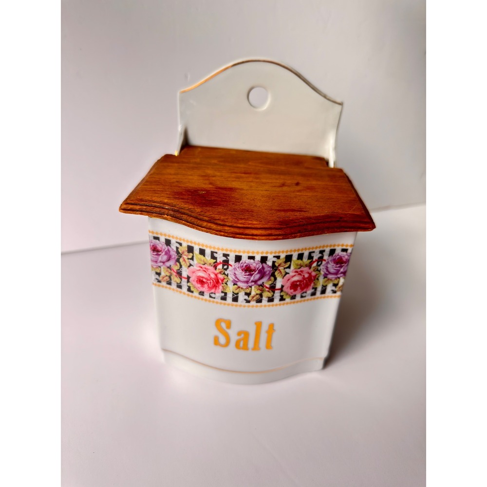 Vintage West Germany Ceramic Wall Salt Box Floral Rose Wood Lid Gold Trim 59
